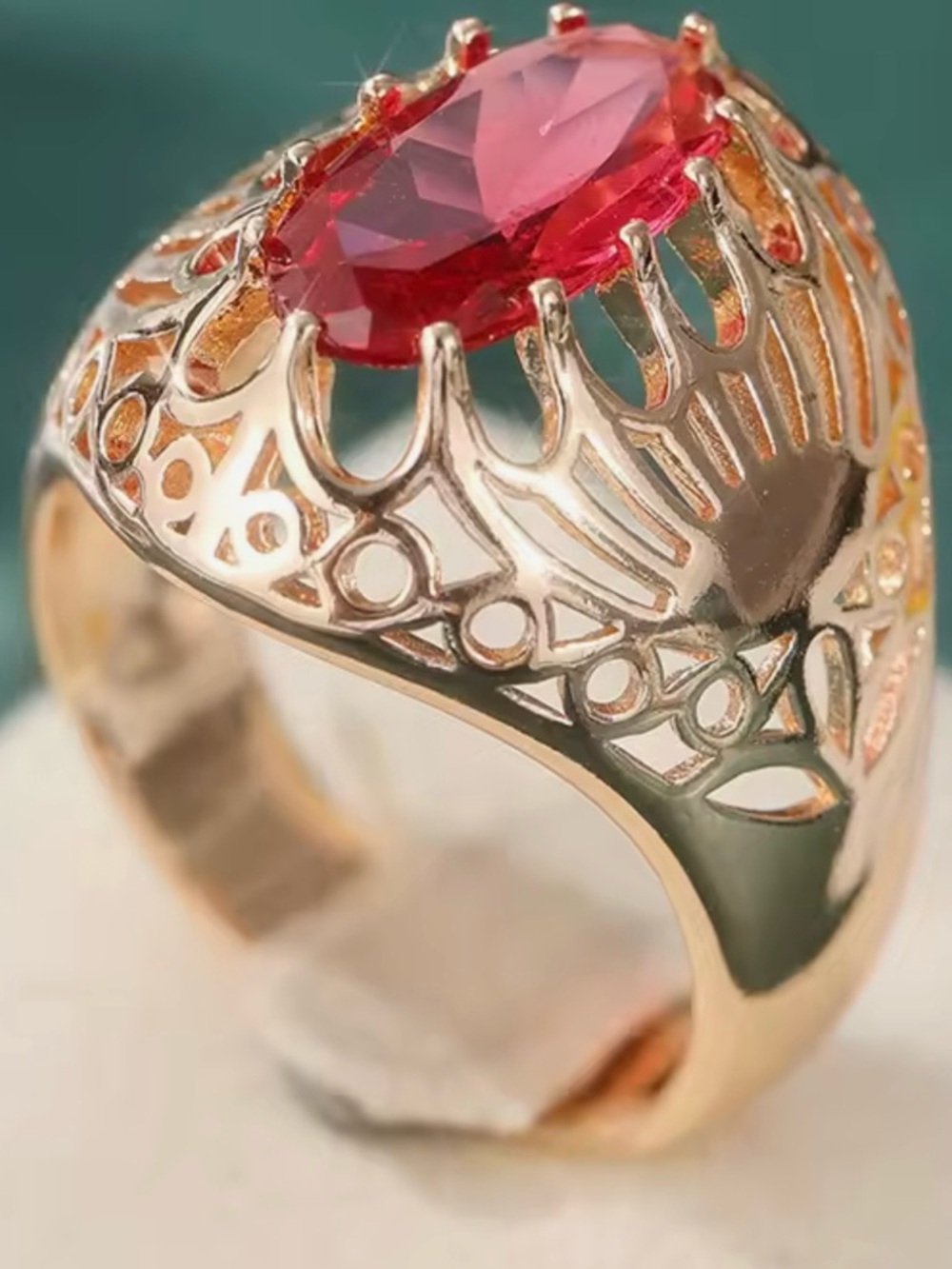 Gold Filigree Ring with Red Oval Gemstone